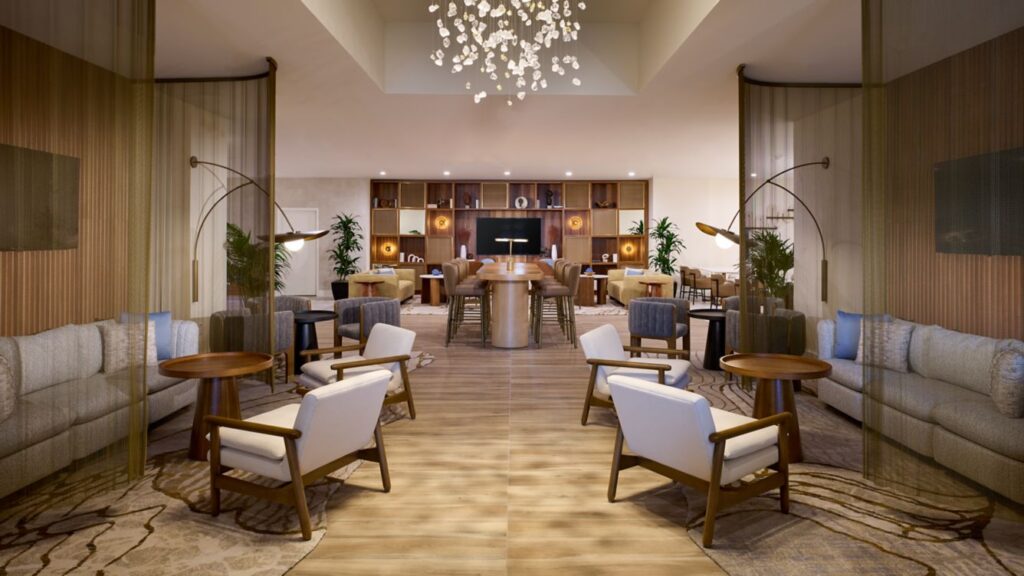 A modern lounge area with stylish seating and warm lighting.